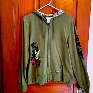 Disney parks Tinkerbell hoodie. Olive green with embellishments.  Size L